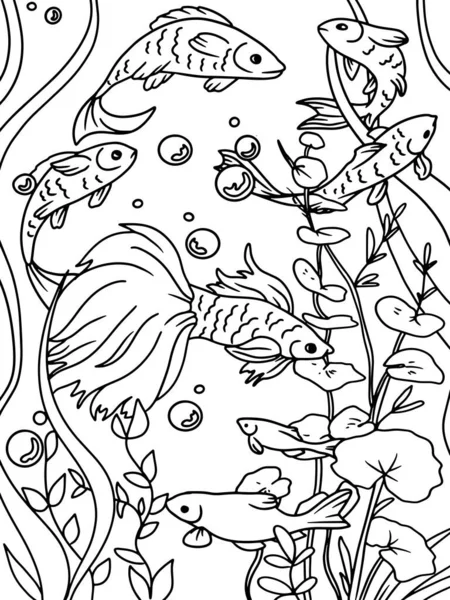 Coloring Book White Background Black Lines Aquarium Seabed Water World — Stockový vektor
