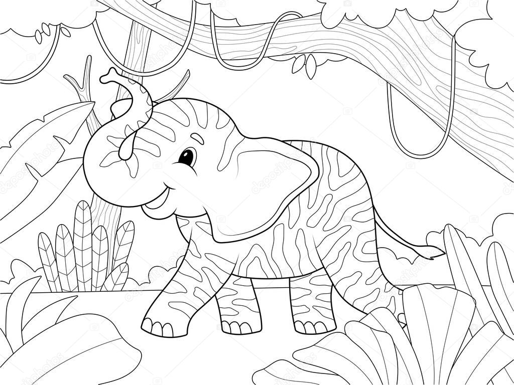 Zebra colored elephant in the African forest. Childrens cheerful character, animal. Vector illustration, page for printable children coloring book.