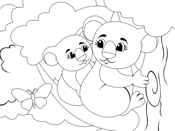 Koala mom and baby on the tree. Raster illustration, page for printable children coloring book.
