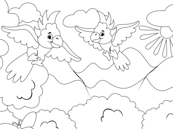 Two Parrots Flying Sky Raster Illustration Page Printable Children Coloring — Stock Photo, Image