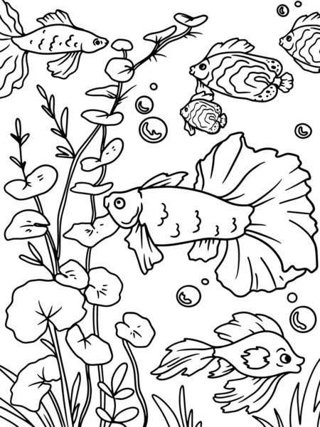 Coloring Book White Background Black Lines Aquarium River Bottom Water — Stock Fotó