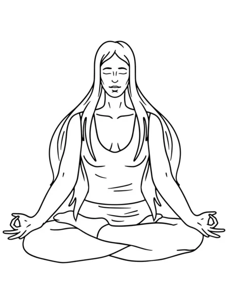 Girl Lotus Position Isolated Yoga Coloring Book White Background Black —  Fotos de Stock