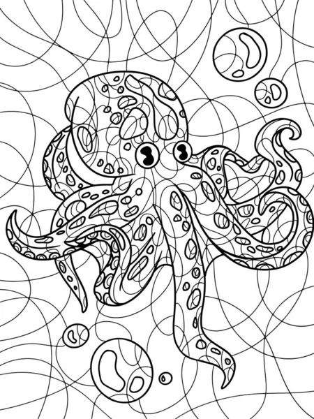 Sea animal. Isolated octopus with air bubbles. Page outline of cartoon. Raster illustration, coloring book for kids. Zen tangle style. Hand draw