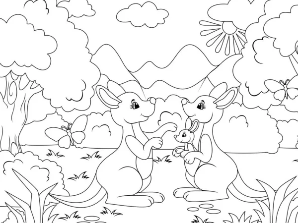 Kangaroo Family Forest Australian Nature Vector Illustration Page Printable Children — ストックベクタ