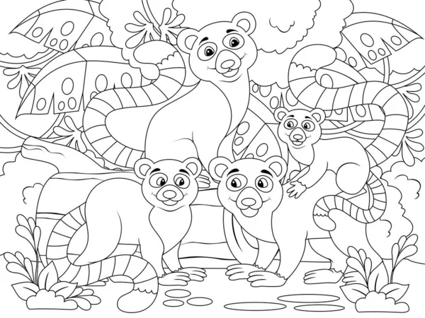 Rodzina Lemurów Lesie Zoo Zwierzętami Raster Ilustracja Strona Dla Drukowanych — Zdjęcie stockowe