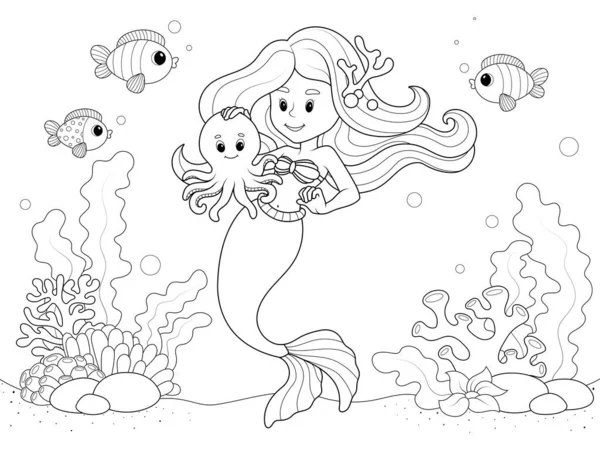 Mermaid Seabed Sea Animals Raster Illustration Page Printable Children Coloring — Zdjęcie stockowe