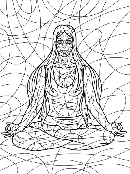 Girl Lotus Position Yoga Freehand Sketch Adult Antistress Coloring Page — Stockfoto