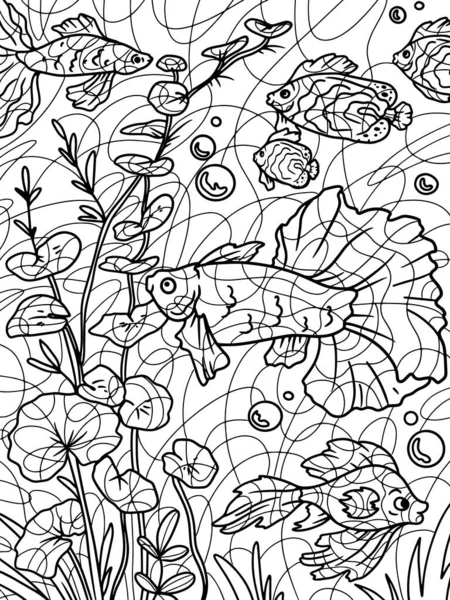 Аквариум Дно Реки Мир Воды Рыба Свободный Эскиз Взрослой Страницы — стоковый вектор