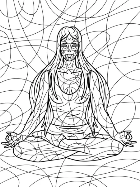 Girl Lotus Position Yoga Freehand Sketch Adult Antistress Coloring Page — Vector de stock