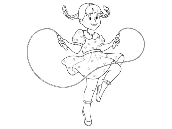 Little Girl Jumping Rope Vector Illustration Coloring Book — Stok Vektör