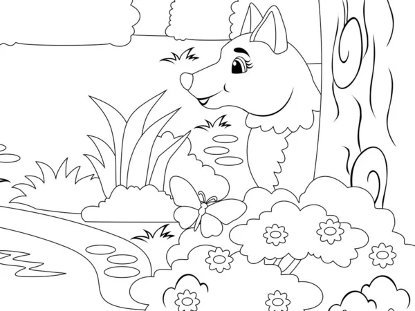 Wolf Peeks Tree Nature Forest Raster Illustration Coloring Book — ストック写真