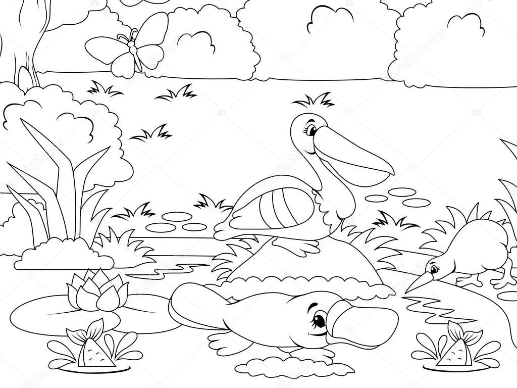 River bank with animals, fish and aquatic animals. Nature of the forest. Raster illustration coloring book.