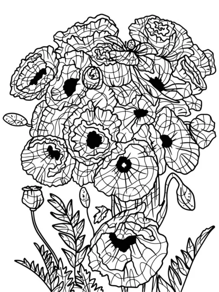 Bouquet Flowers Poppies Freehand Sketch Adult Antistress Coloring Page Doodle — 图库照片