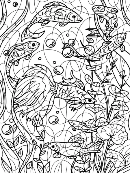 Aquarium Seabed Water World Fish Freehand Sketch Adult Antistress Coloring — Photo