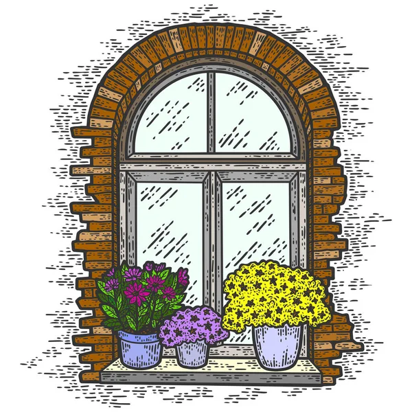 Klasik Çiçek Renginde Tuğla Pencere Çizim Tahtası Taklidi Vektör Illüstrasyonu — Stok Vektör