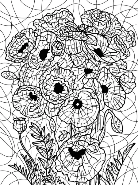 Bouquet Flowers Poppies Freehand Sketch Adult Antistress Coloring Page Doodle — Fotografia de Stock