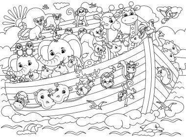 Christian Bible story of Noah s Ark. Coloring book, white background, black lines. Raster illustration.