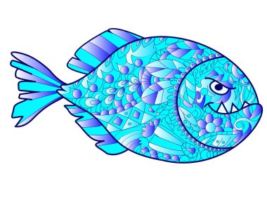 Piranha deniz hayvanı, yetişkinler için mavi renkte. Yetişkinler için stres giderici. Zentangle tarzı. Dantel deseni
