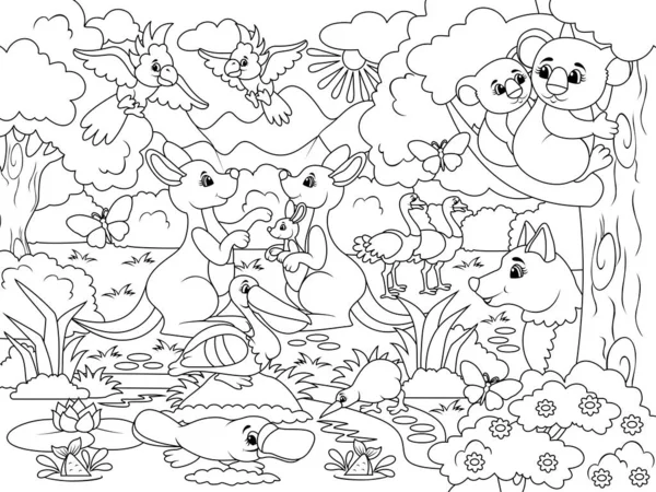 Animals of Australia. Zoo, wild animals set. Coloring book, white background, black lines. Raster illustration.