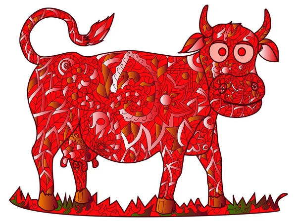 Cow Color Red Pet Adult Raster Illustration Stress Adults Zentangle — Foto de Stock