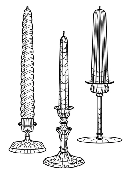 Interior Decor Three Candles Candlesticks Isolated Freehand Sketch Adult Antistress — Stockfoto