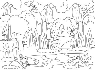 Children coloring, mooring for a fisherman. The nature of the forest and the banks of the river. Raster illustration.