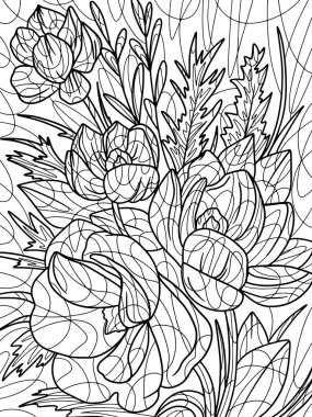 Bouquet of decorative flowers with background. Freehand sketch for adult antistress coloring page with doodle and zentangle elements. Coloring book raster illustration.