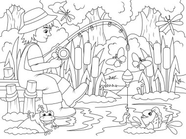 Fishing, a fisherman catches fish in nature. Pier on the lake. Children coloring, raster illustration.