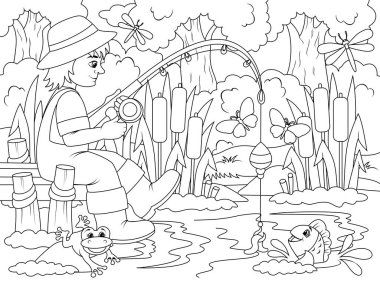 Fishing, a fisherman catches fish in nature. Pier on the lake. Children coloring, vector illustration.