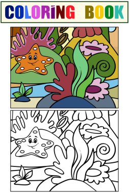 Example. Children color and coloring book, underwater world. Sea star and algae. Marine nature, animals and fish. Vector illustration.