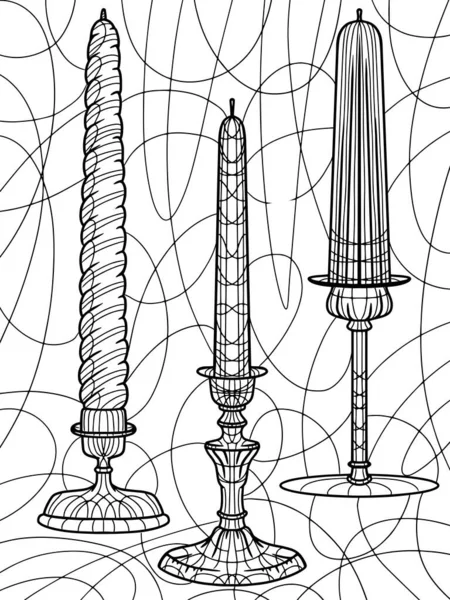 Interior Decor Three Candles Candlesticks Background Freehand Sketch Adult Antistress — Stockový vektor
