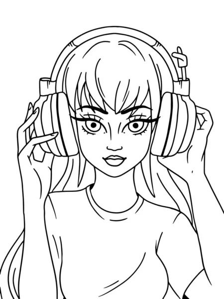 Girl Big Headphones Children Coloring Vector Illustration —  Vetores de Stock