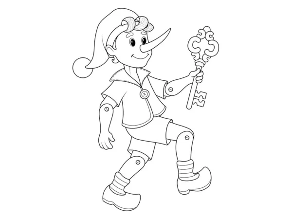 Children Coloring Character Fairy Tales Pinocchio Key Raster Illustration — Stockfoto