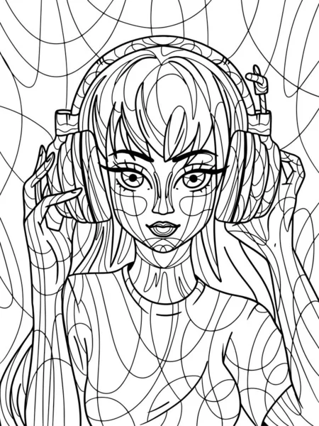 Girl Big Headphones Freehand Sketch Adult Antistress Coloring Page Doodle — Photo