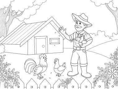 Children coloring. Grandfather in the village, agricultural yard with animals and buildings. Raster illustration.