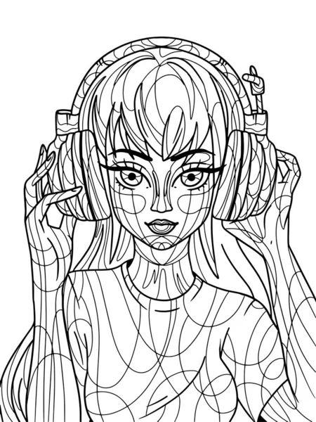 Girl Big Headphones Isolated Freehand Sketch Adult Antistress Coloring Page — Fotografia de Stock