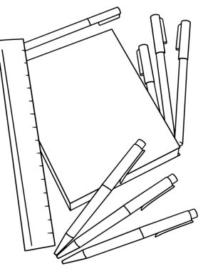 Stationery, school supplies. Children coloring book raster illustration.
