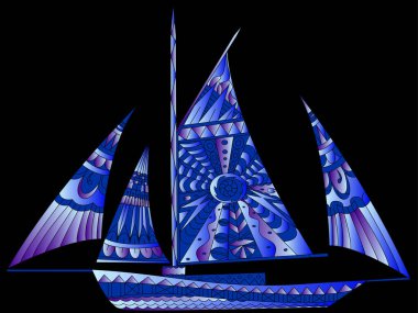 Sailing boat color blue for adults raster illustration. Anti-stress On a black background for adult. Zentangle style. Lace pattern