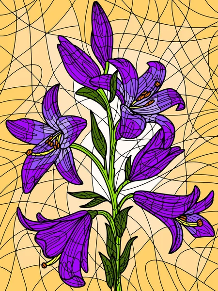 Flowers lilium. Purple lily flower on an orange background. Zen-tangle style. Hand draw