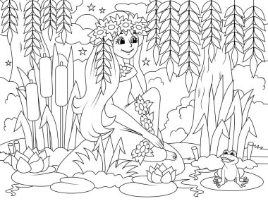 Girl in dress on the bank of a body of water, the leaves of a willow tree. Children coloring, black line, white background. Raster illustration.