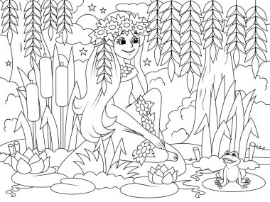 Girl in dress on the bank of a body of water, the leaves of a willow tree. Children coloring, black line, white background. Vector illustration.
