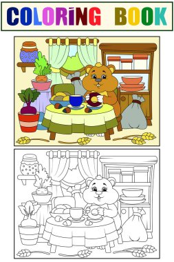 Cheerful hamster eats in the kitchen, home interior. Set example and children coloring book. Raster illustration clipart