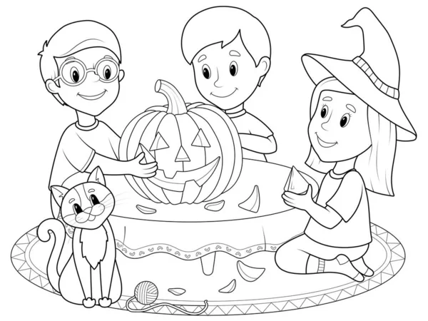 Kinderen Spelen Snijden Een Pompoen Voor Halloween Kleurboek Vectorillustratie — Stockvector