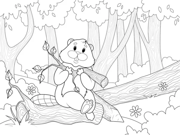Beaver Siedzi Drzewie Lesie Trzymając Gałąź Zębach Kolorowanka Wektor Ilustracji — Wektor stockowy