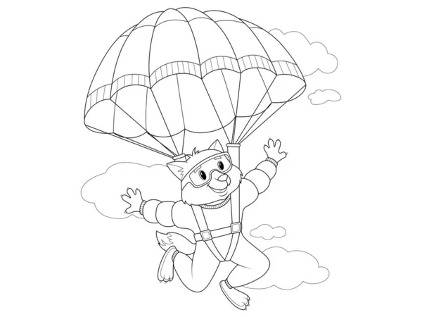 Wolf jumps with a parachute, flying in the sky. Vector illustration isolated, children coloring book.