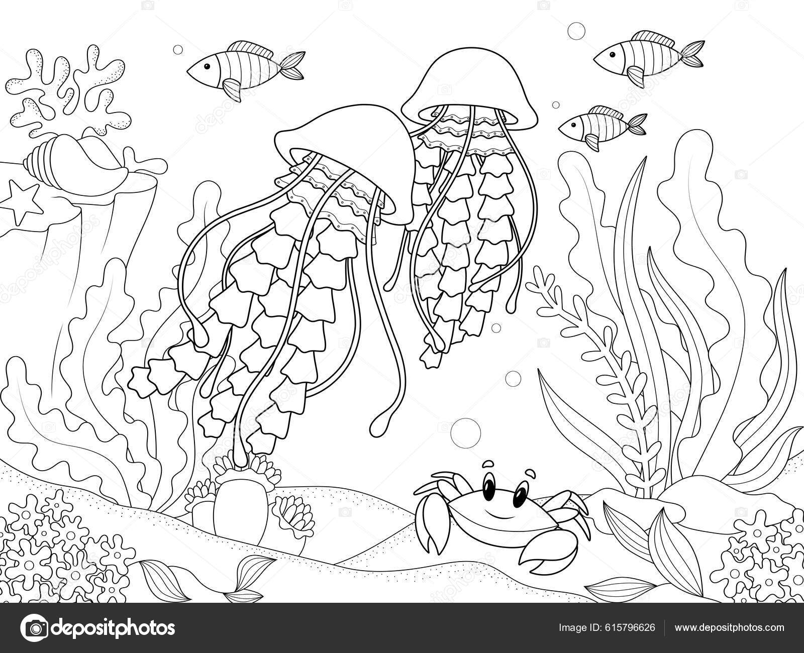 Des Fonds Marins Des Animaux Marins Méduse Nage Parmi Les — Illustration de  stock par ©toricheks2016.gmail.com - 615796626, image size:1600x1300