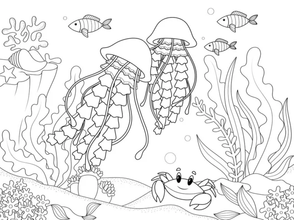 Seabed, marine animals. The jellyfish swims among algae and other fish. Coloring book, raster children illustration.
