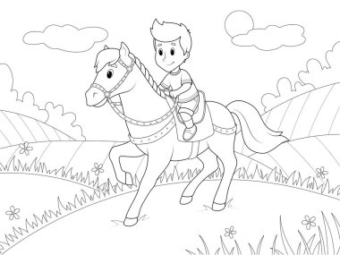 Midilliye binen bir çocuk. Arka plan doğa alanı ve çayır. Boyama kitabı, vektör çizimi.