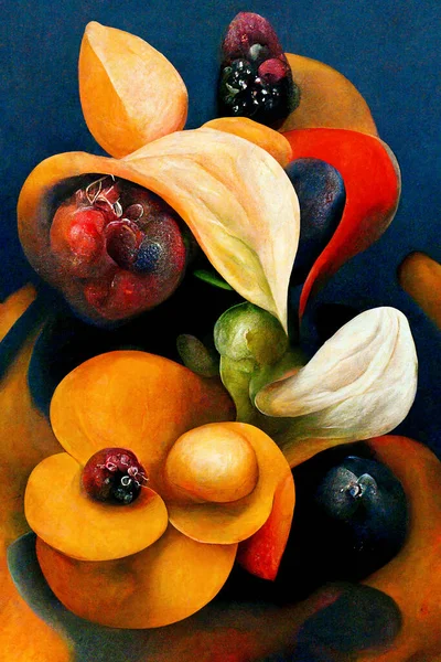 An abstract Oil Painting Of flowers and fruits that looks like a renaissance painting high-Angle Shot
