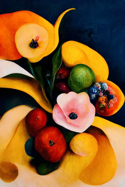 An abstract Oil Painting Of flowers and fruits that looks like a renaissance painting high-Angle Shot